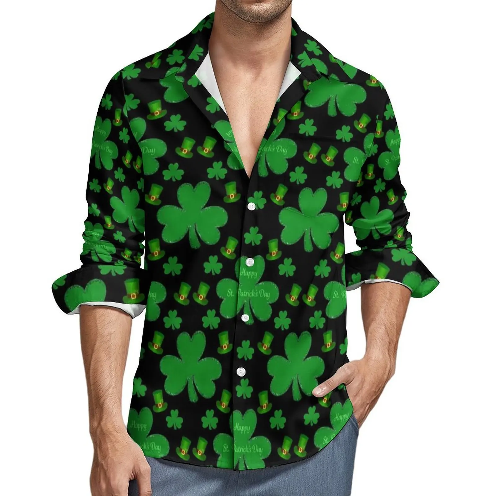 St Patricks Day Casual Shirts Green Shamrock Elegant Shirt Autumn Breathable Oversize Blouses Male Long Sleeve Clothing Present