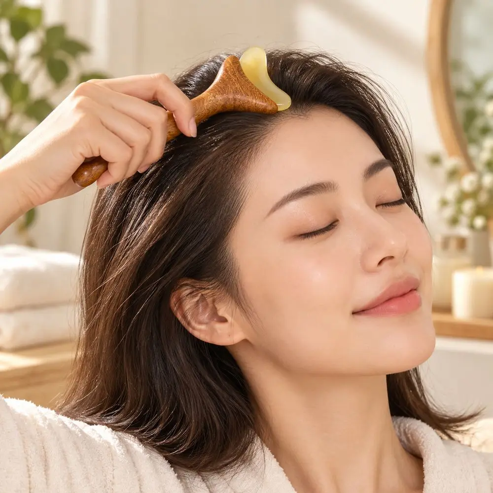 Wooden Handle Facial Massage Tool Ergonomic Grip Self Care Gift Gua Sha Board Smooth Rounded Edges Portable Storage Pouch