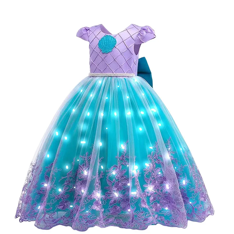 2-10T Led Light Girls Mer maid Cosplay Embroidery Dress Christmas Party Vestidos Girls Princess Little Mer maid Arile Costume