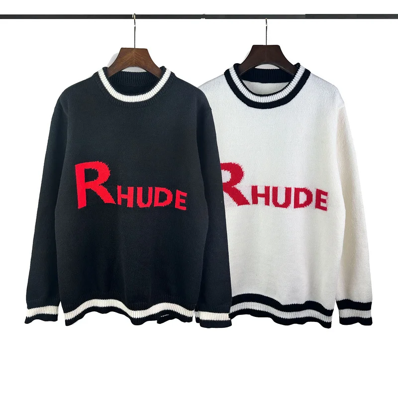 

American Sle Casual Loose Knitted Sweater round Ne Contrast Color Letter Embroidery Autumn Winter Faionable Youthwear