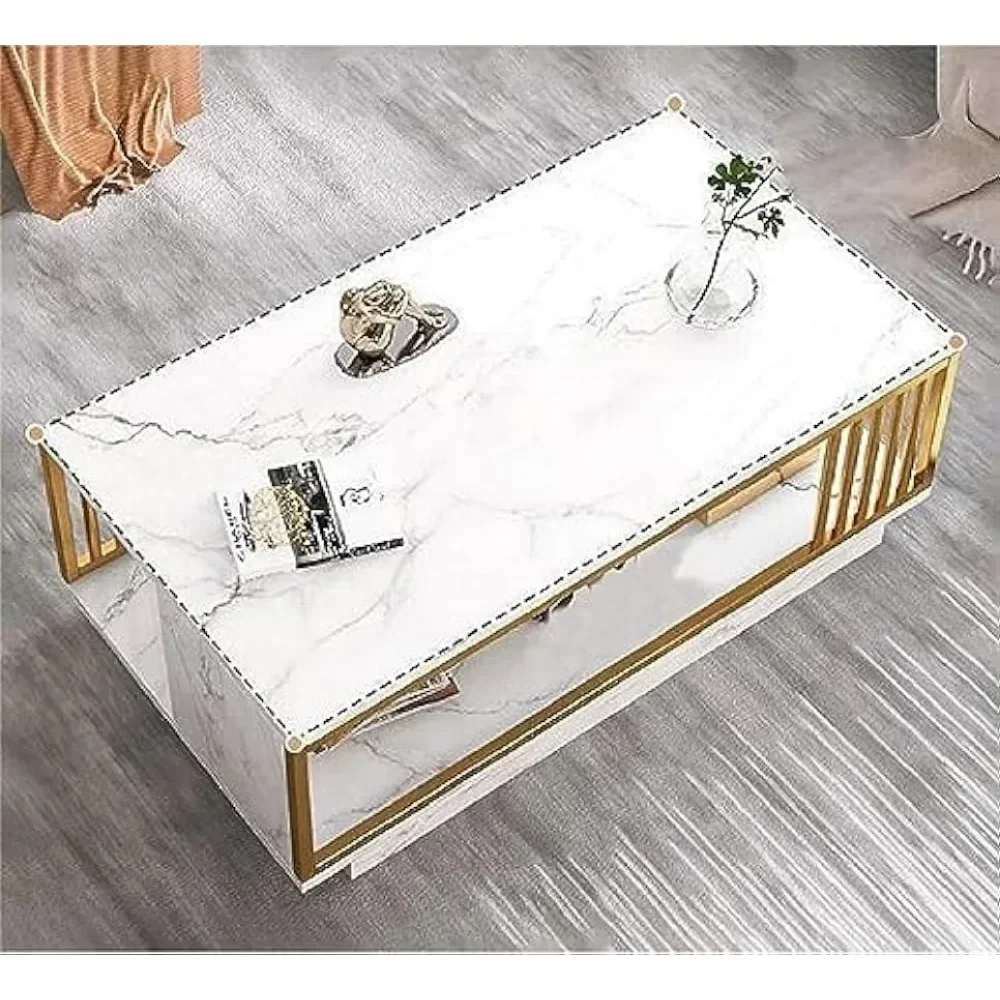 Table basse en faux marbre à 2 niveaux, table de cocktail rectangulaire, table de salon blanche moderne avec rangement ouvert