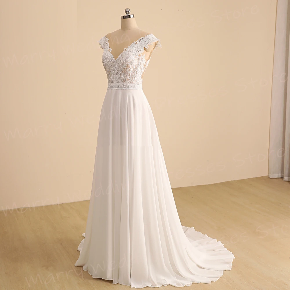 Vestido de novia de corte en A para mujer, hermoso vestido de novia con Apliques de encaje modernos, manga casquillo, Espalda descubierta, Abiti Da Sposa