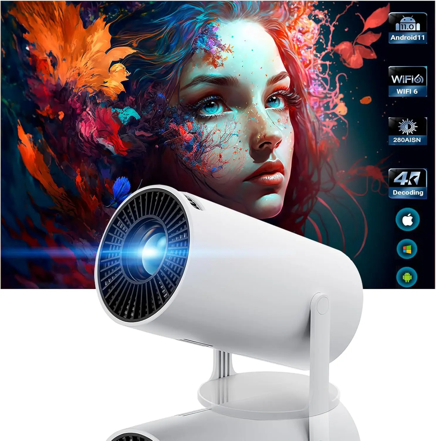 

Mini Projector WiFi Bluetooth 4K Android 11, 180° Adjustable, Keystone Correction, Portable for Wall, Room, Outdoor