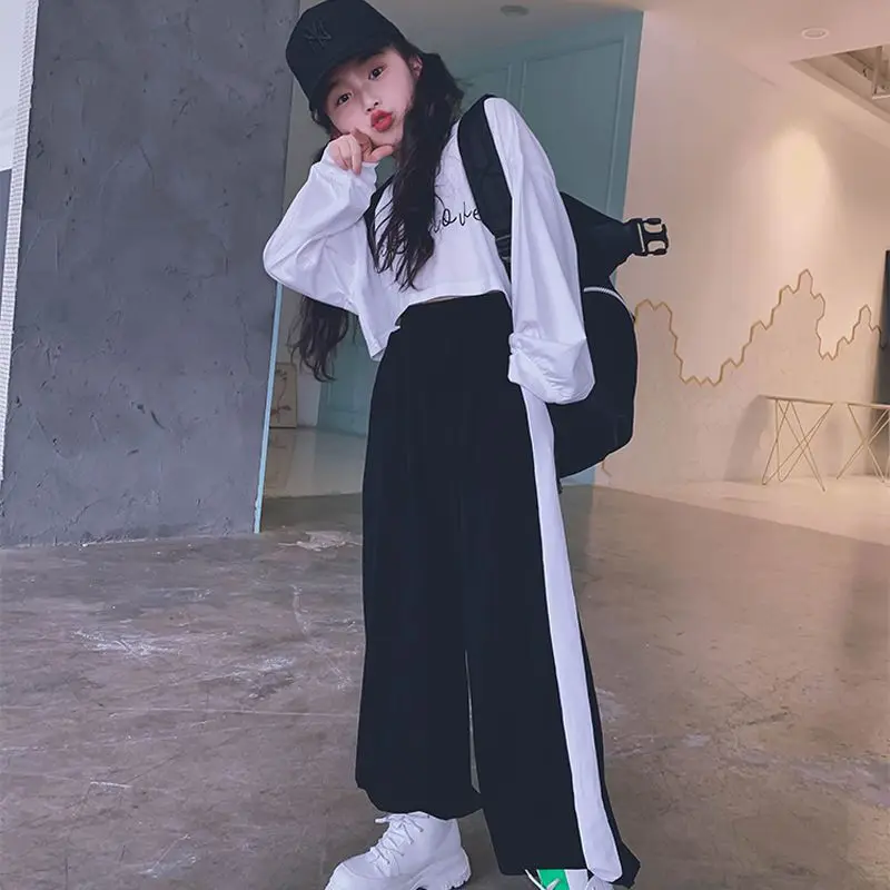 Spring Fall Kids Long Sleeve Child Girls Clothes Letter Crop Top T-Shirt + Striped Wide Leg Pants Suit Teenager 4 10 11 12 Year