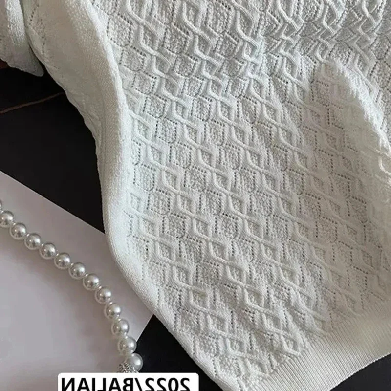 FANAN Poloshirt aus Eisseide, gestrickt, kurzärmelig, T-Shirts für Damen, neu, schick, dünn, einzigartig, Jacquard, Damen-Tops, 2025, koreanischer Stil