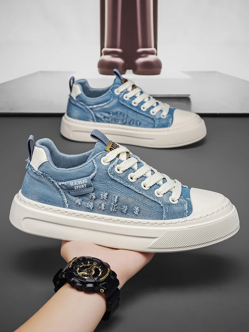 Men's Casual Canvas Shoes Anti-Slip Wear-Resistant Denim Washed Lightweight Thick Bottom Heightening Leisure Board Shoes