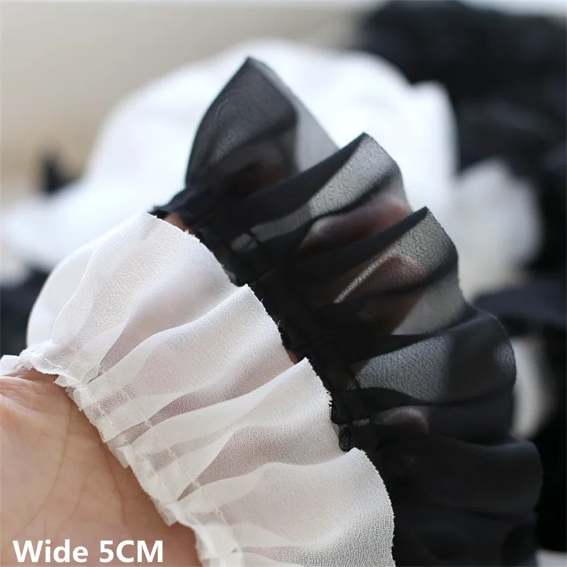 5CM Wide White Black Soft Chiffon Pleated Lace Fabirc Frilled Dress Collar Neckline Fringed Ribbon Ruffle Trim Sewing Supplies