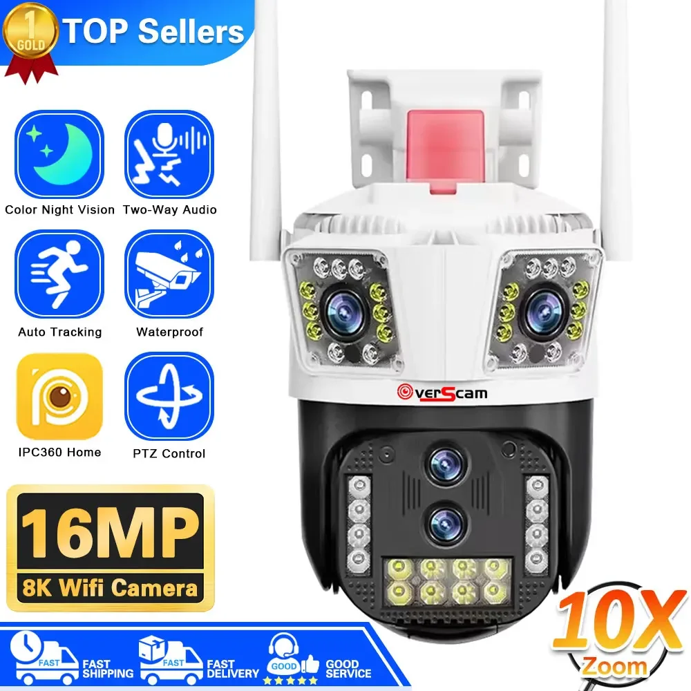 8K 16MP PTZ WiFi Camera Four Lens Three-Screen 10X Zoom Auto Tracking Outdoor Video Security Protection Waterproof Surveillance