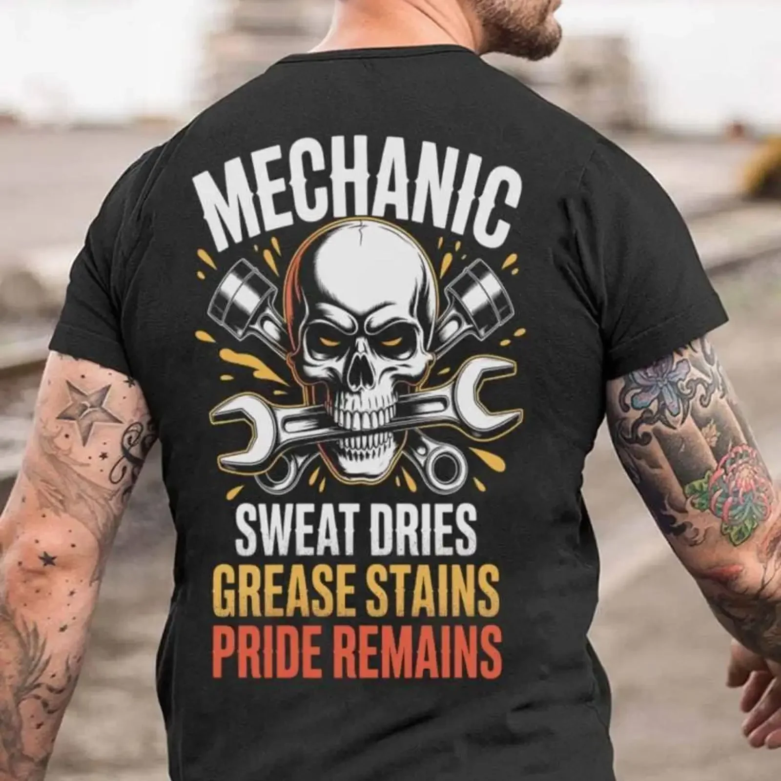 Mechanic Skull Wrenches T Shirt Pride Remains vintage Washed streetwear Stretched Breathable Unisex Versatile fashion