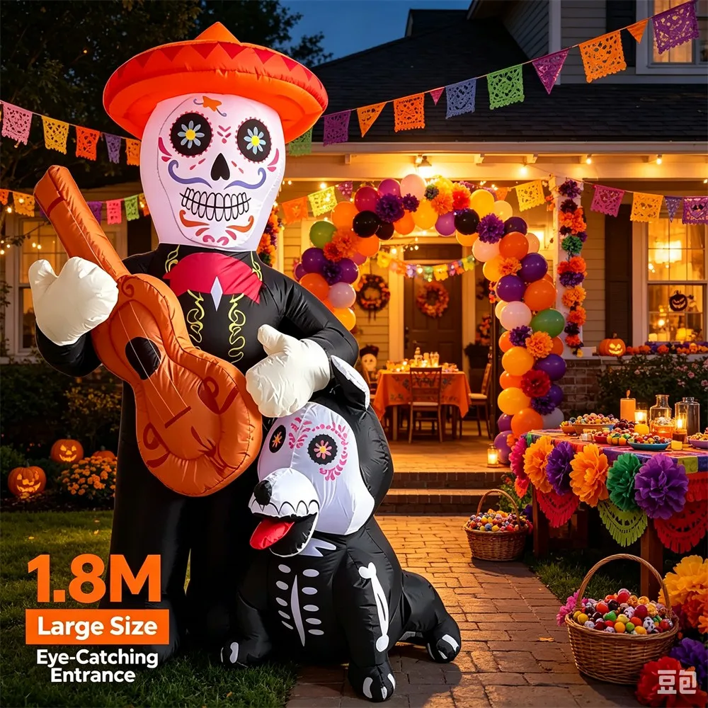 6FT/1.8M Halloween Inflatable Decorations Skeleton Musician with Guitar & Dog,LED Light for Yard Decor Outdoor Patio Lawn Party