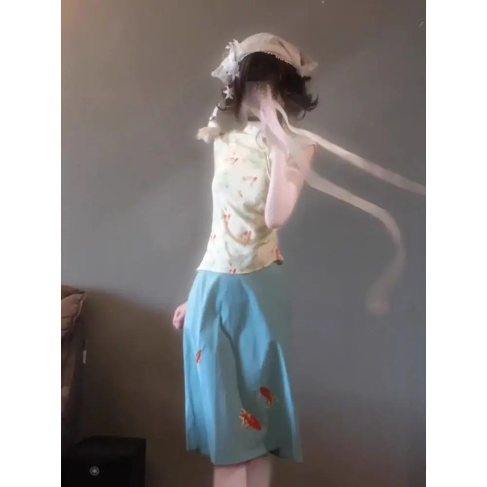 여름 꿈결정세트 개구리 잠금장치 블라우스 플로럴 미디 스커트 투피스 리조트룩 빈티지 코티지코어 감성 젠틀 미니멀리스트