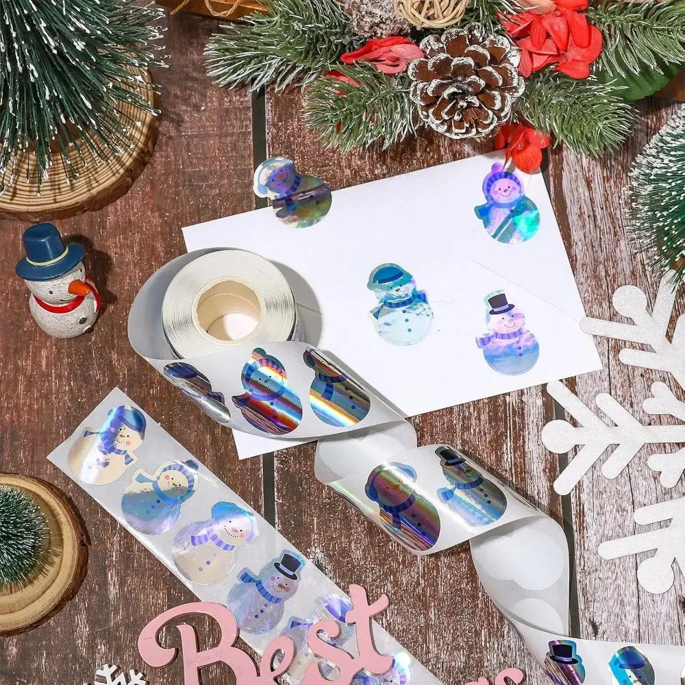 500 uds/rollo de pegatinas de Navidad tipo láser árbol de Navidad muñeco de nieve pegatinas de copos de nieve papel decorativo impermeable