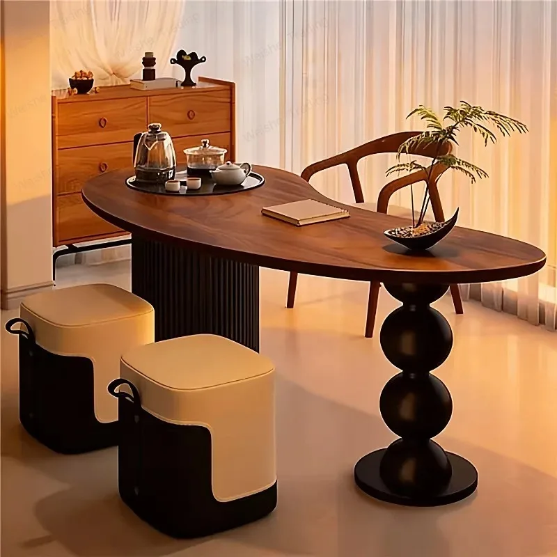 Medieval walnut tea table balcony living room household curved solid wood tea table desk integrated dual-purpose table simple