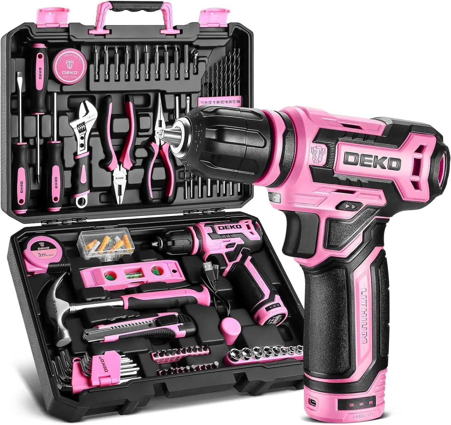 

12V Pink Cordless Drill Set for Women - Home Tool Kit with Rechargeable Battery