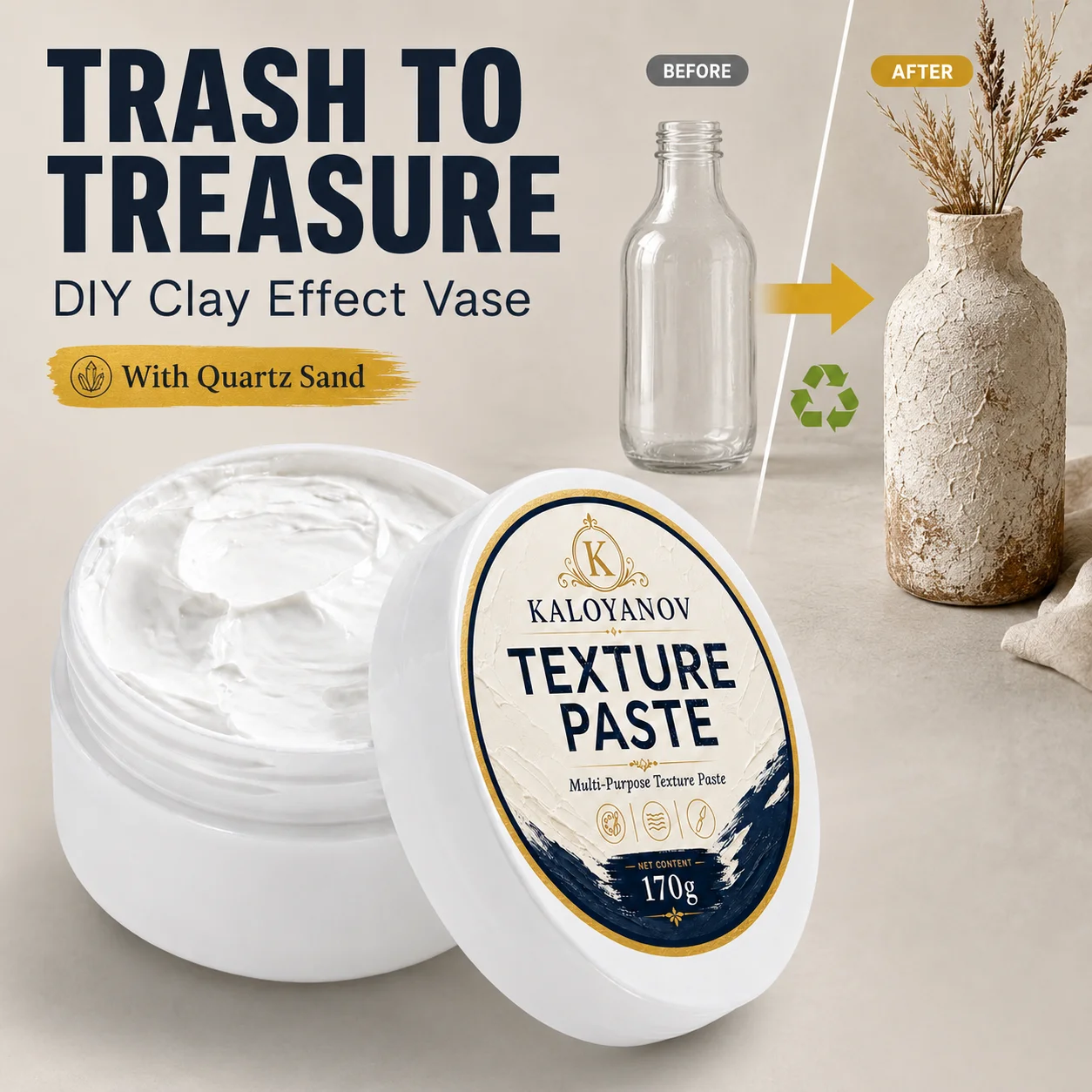 3D Quartz Sand Texture Paste Modeling Paste for DIY Rustic Clay Concrete Effect Vase Glass Bottle Upcycling Art Craft Decor