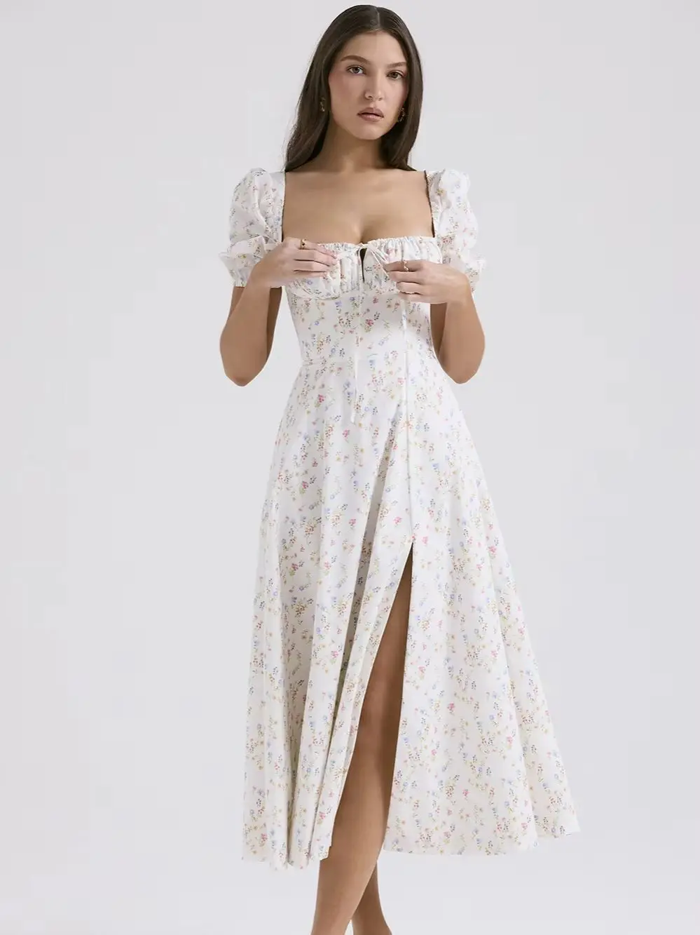 Abito floreale retrò Abiti da festa estivi 2025 Abiti lunghi con maniche a sbuffo alla moda per le donne Abito da ballo di compleanno Abiti da donna