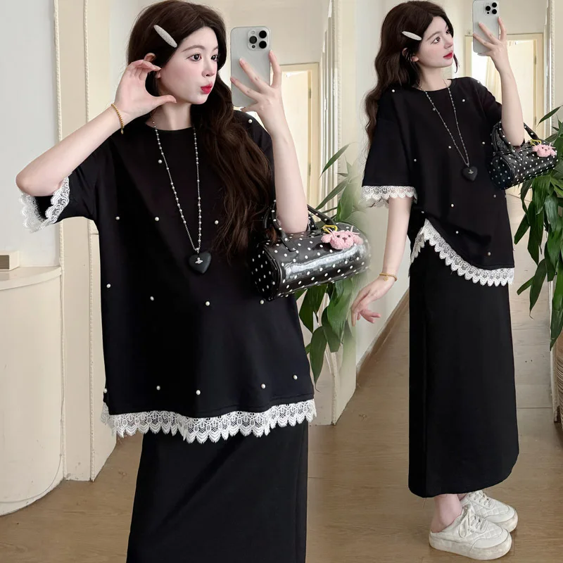 Abito estivo incinta 2025 Nuovo design estivo Set mezza gonna casual con giunture in pizzo
