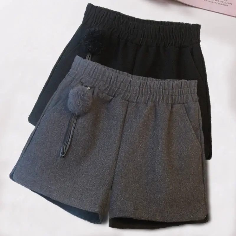 Oversize 5XL Woolen Shorts Autumn Winter Women Warm Thick Elastic High Waist Casual Shorts Lady All Match A Line Wide Leg Shorts