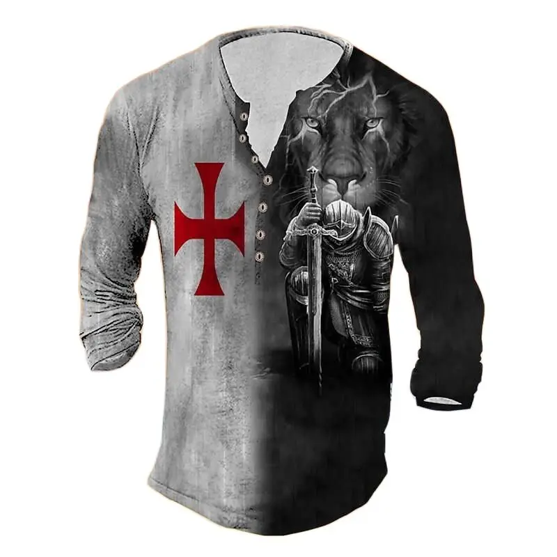 Vintage Cotton Men\'s T-shirts 3D Printed Knight Gothic Long Sleeve Casual Henley Shirt Oversized Top Tee Shirt Man Punk Pullover