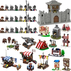 Medieval Castle Wars Moc Knight Soldier Weapon Action Figure Tent Oven Road Sign Wine Cask Fruit Stand Building Blocks Kids Toys