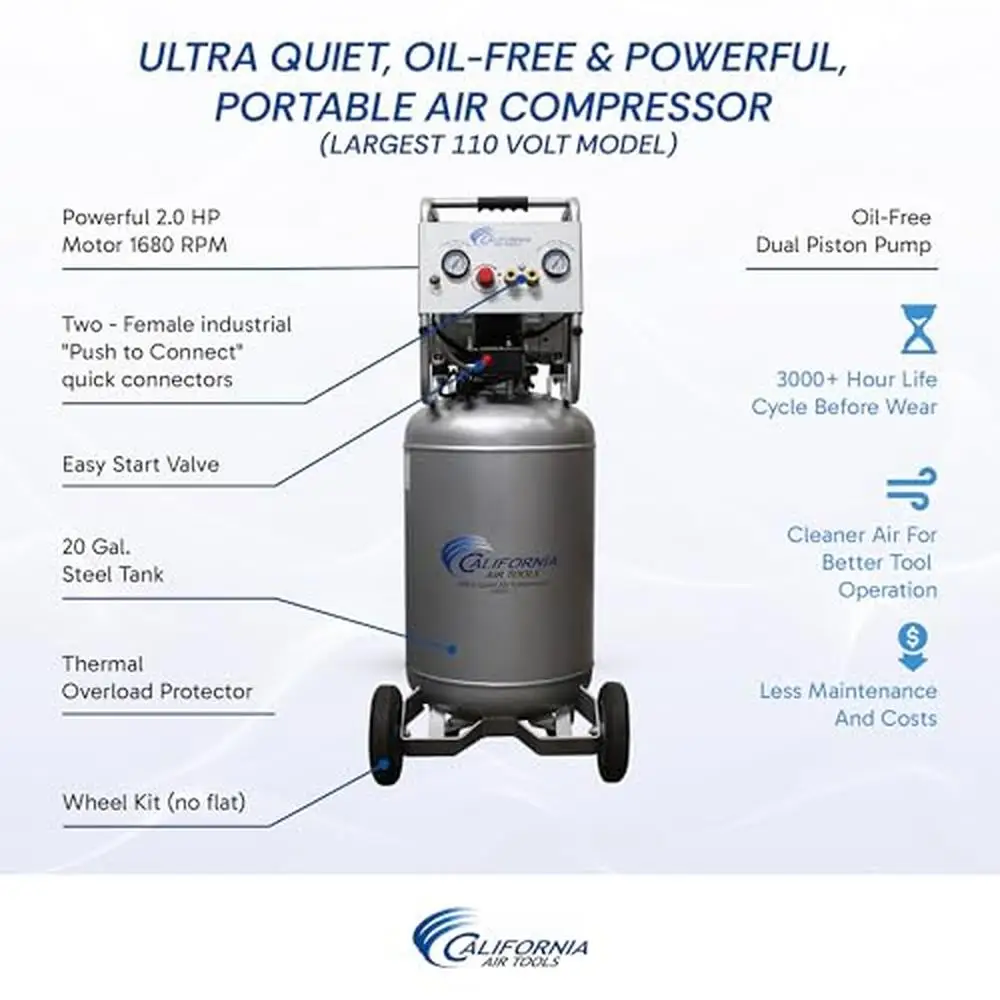 Ultra Quiet 20 Gal. Air Compressor Oil-Free Pump 2.0 HP Motor Nailing Power Source