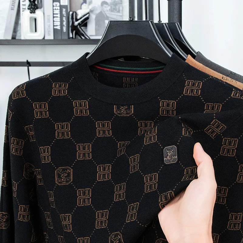 

Мужской вязаный свитер с длинным рукавом, круглым вырезом, простой базовый дизайн, осенне-зимняя новинка, с цветочным узором, повседневный стиль