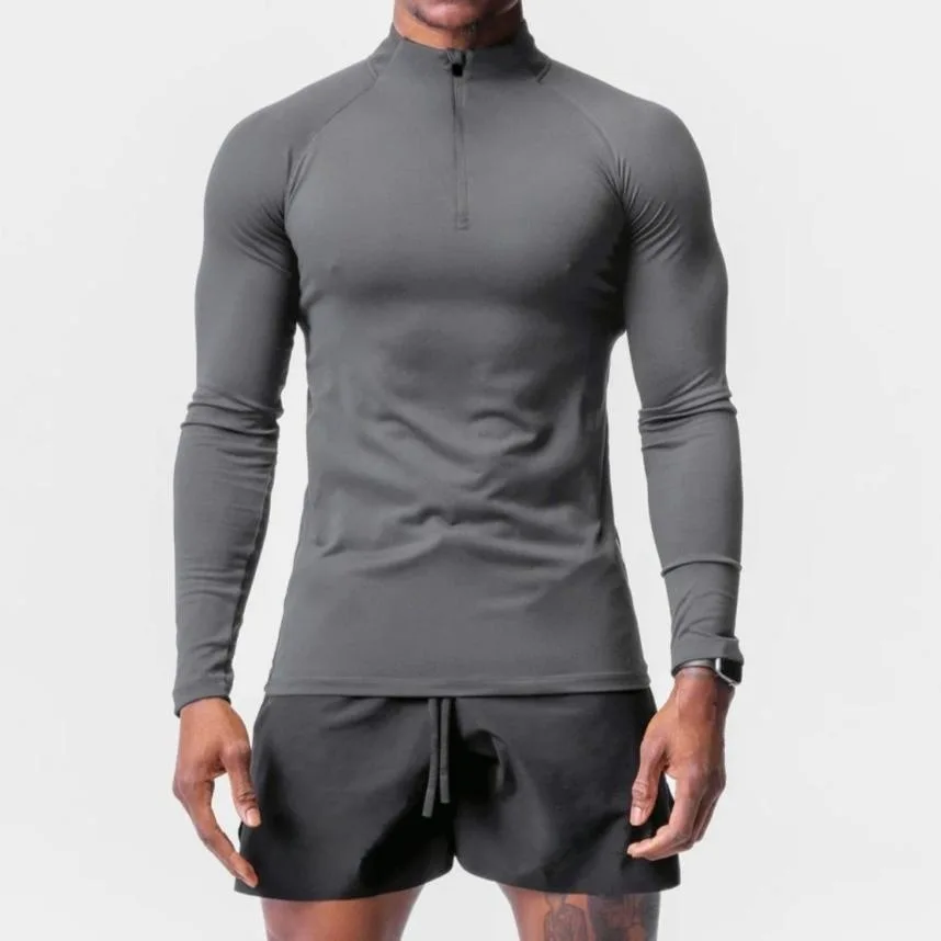 Mens 1/4 Zip Compression T Shirts Training Running Long Sleeves Moisture Wicking Athletic Tees Half High Neck Slim Gym Clothes