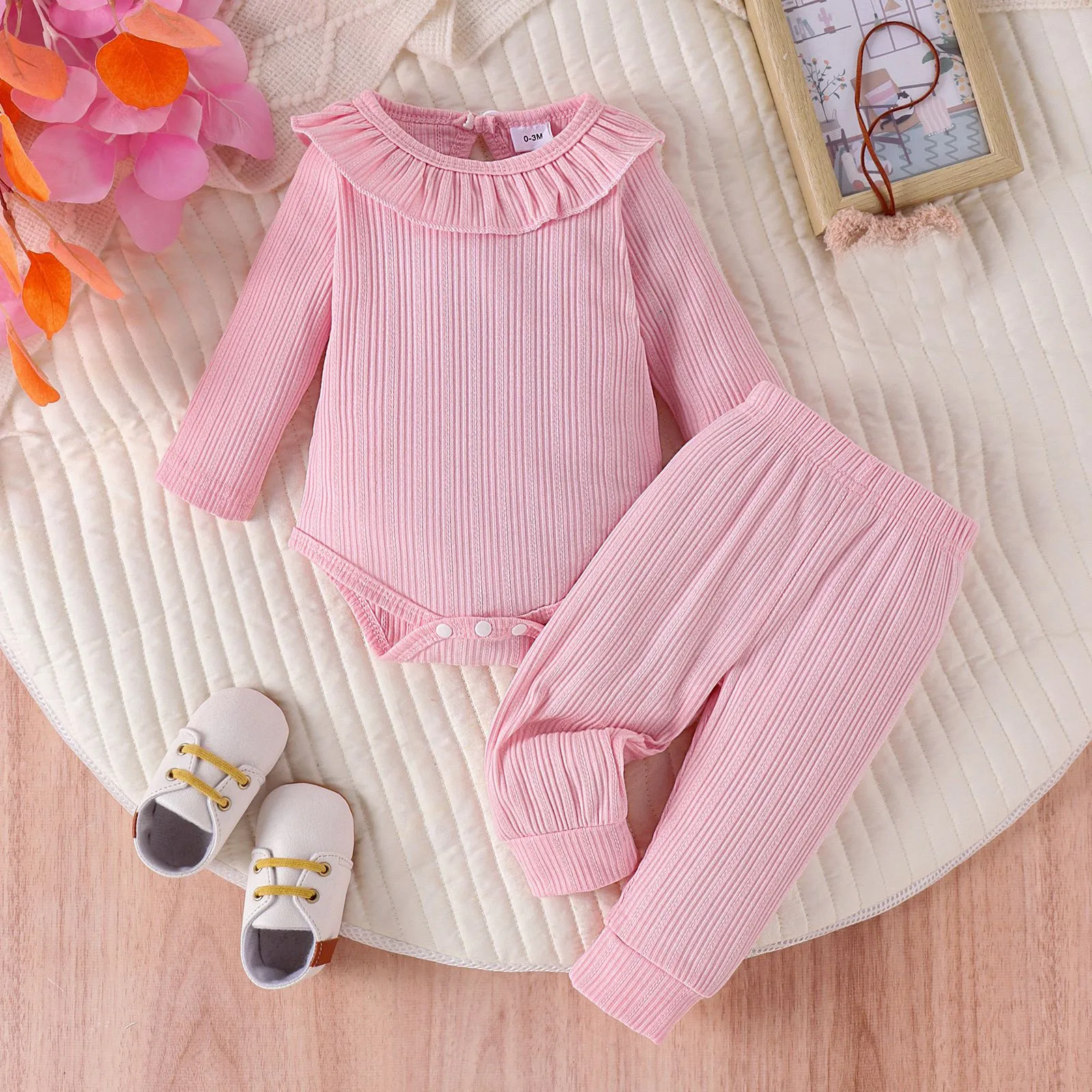 Infant Baby Girls Clothes Sets Solid Color Ruffled Long Sleeved Bodysuit+Pants Autumn Winter Kids 2PCS Baby Clothes 0-24Months