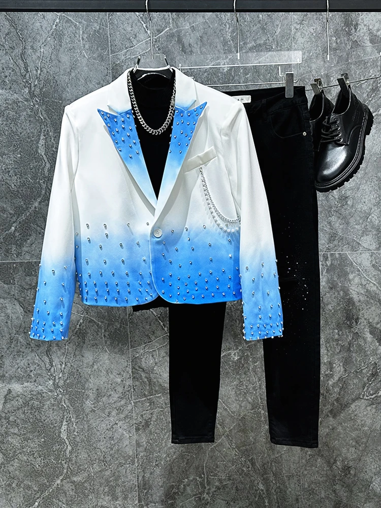 

Spring 2025 Men's Faionable Suit Jaet Spray Painting Design Casual Loose Fit Long Sve Single Button Korean Sle Coat