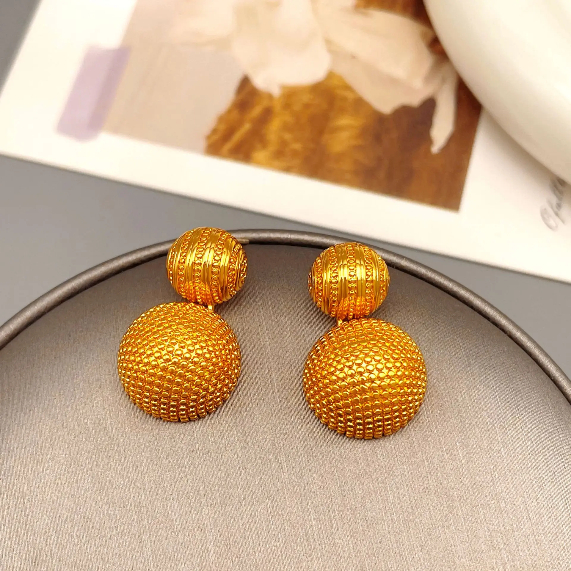 European and American new retro style hemisphere polka dot carving texture personalized fashion stud earrings jewelry