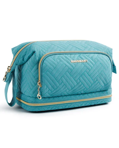 Imagen 2 del producto BAGSMART-estuche de cosméticos de viaje, bolsa organizadora de maquillaje de doble capa con divisores ajustables, estuche de cosméticos de cuero resistente al agua