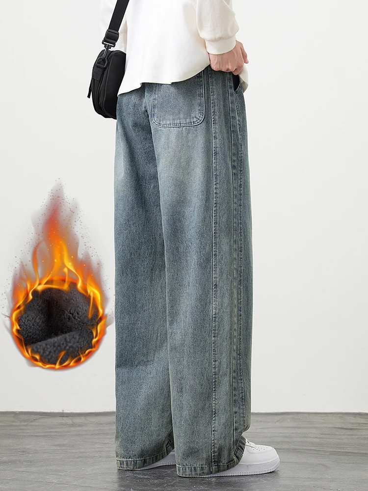 الرجال الشتاء الدافئة الجينز الصوف مبطن سميكة معزول الدنيم السراويل واسعة الساق مستقيم الحرارية فضفاض الجينز الآسيوية حجم L-5XL