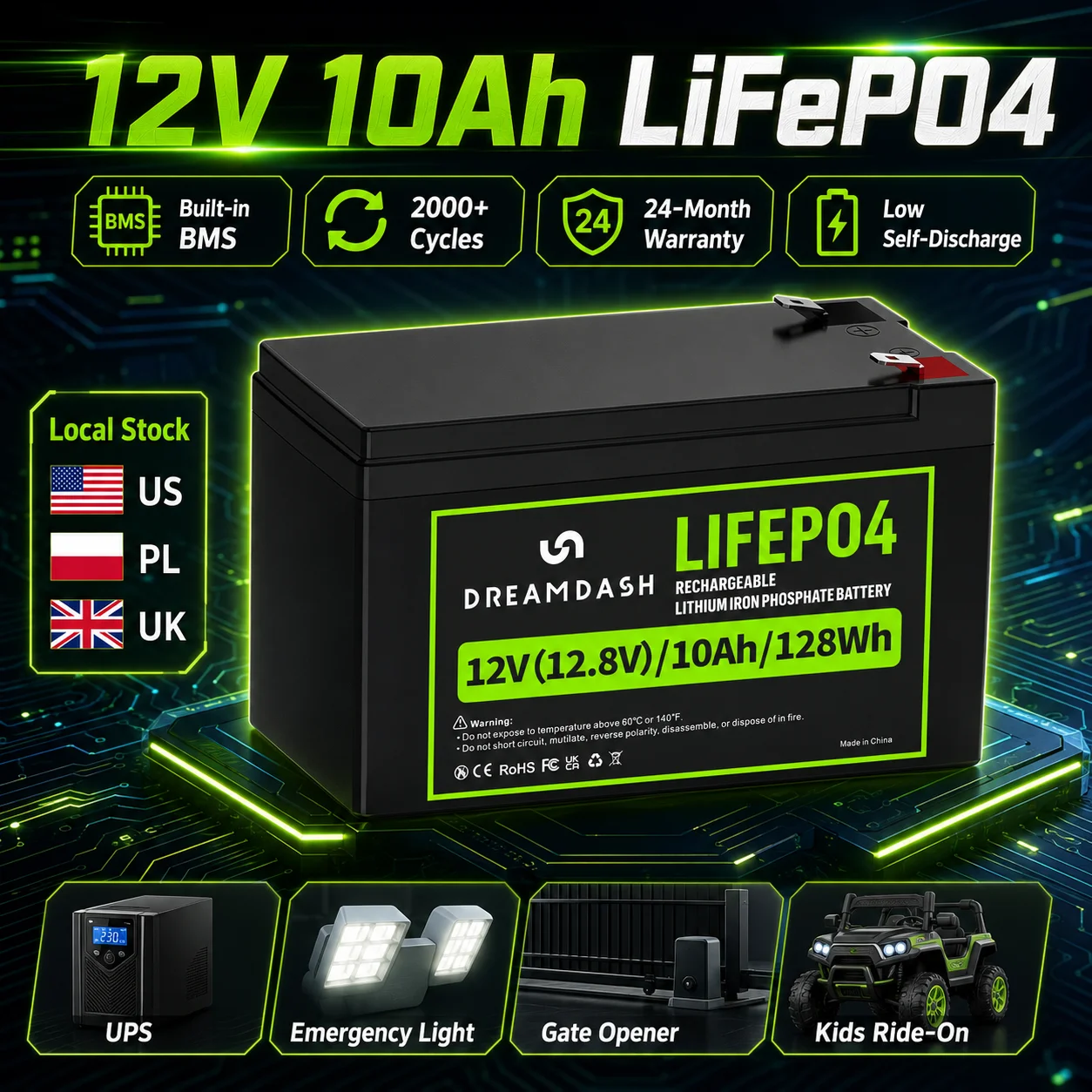 Dreamdash 12V 10Ah LiFePO4 Battery 128Wh Rechargeable Lithium Iron Phosphate Battery Built-in BMS F2 Terminal for RV Golf Cart Solar Power UPS Gate Opener Emergency Light Kids Ride On Ship from US UK PL