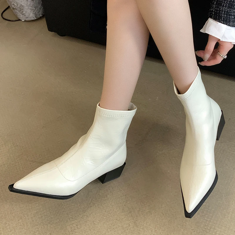 2024 Ladies Ankle Boots Shoes Middle Heels New Fashion Female Footwear Autumn Spring Pointed Toe Shoes Women Short Booties