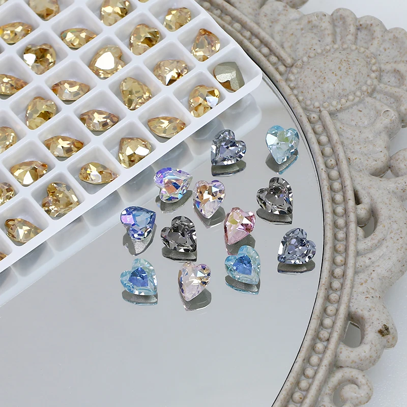 Crystal Fancy Stone for Nail Art, Heart Shape Effect, Glitter Pointback, DIY Jewelry Making, Color K9, 6.5x6mm
