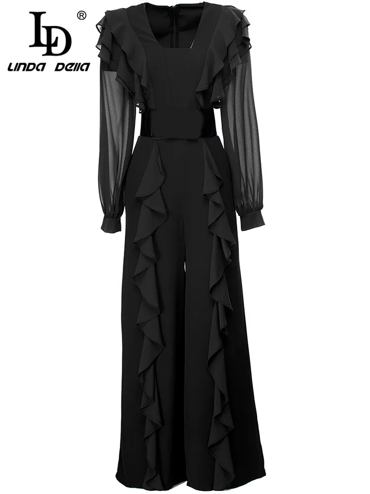 LD LINDA DELLA 2023 Spring Designer Women Black Jumpsuit Long Sleeve Ruffles Trim Wide Leg Bodysuit Trousers Romper