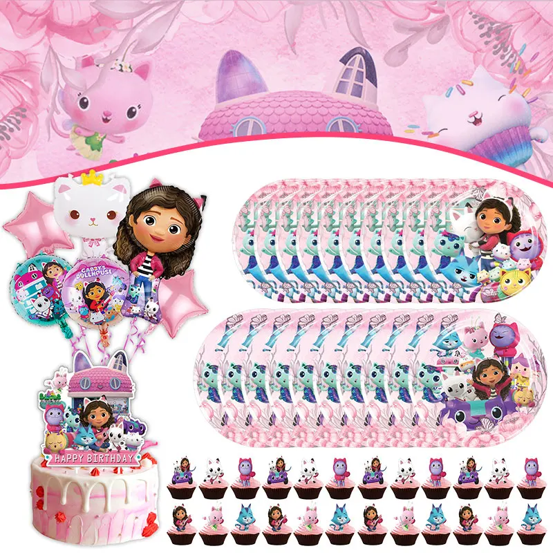 Gabbys Puppenhaus Dekorationen Geburtstag Tassen Teller Servietten Tischgeschirr-Set Hintergrundbanner Gabbys Puppenhaus Geburtstagsparty Zubehör