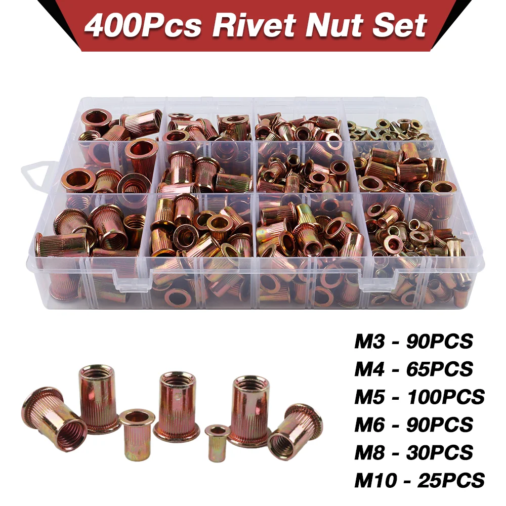 

400Pcs Rivet Nut Set, M3 M4 M5 M6 M8 M10 Flat Head Rivet Nut, High Strength Carbon Steel Material, Threaded Insert Rivet Nut Cap