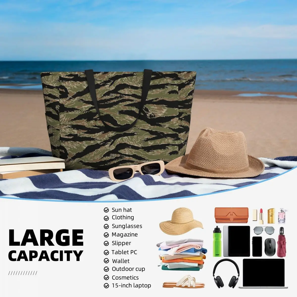 Custom Tiger Stripe Camo Groceries Shopping Tote Bag Women Large Capacity Camouflage Beach Gym Travel Bags