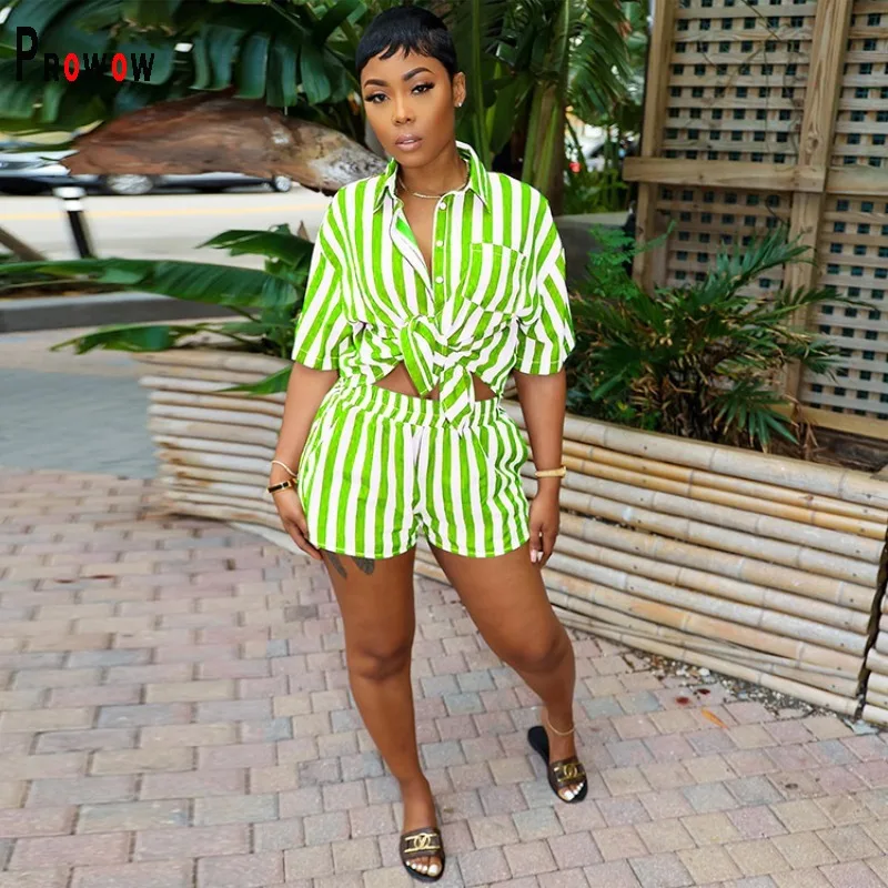 Prowow Fashion Two Piece Women Suits Striped Print Short Sleeved Blouses Shorts Summer Clothing Set 2024 New Female Outfits