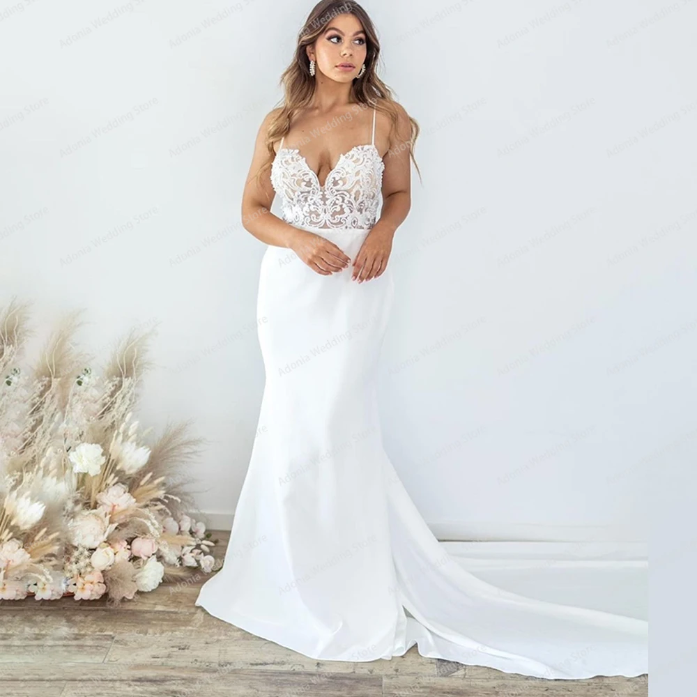 Sexy Mermaid Wedding Dress Lace Appliques Deep V Neck Spaghetti Straps Backless Charming Bridal Gown Robe De Mariee Custom Made