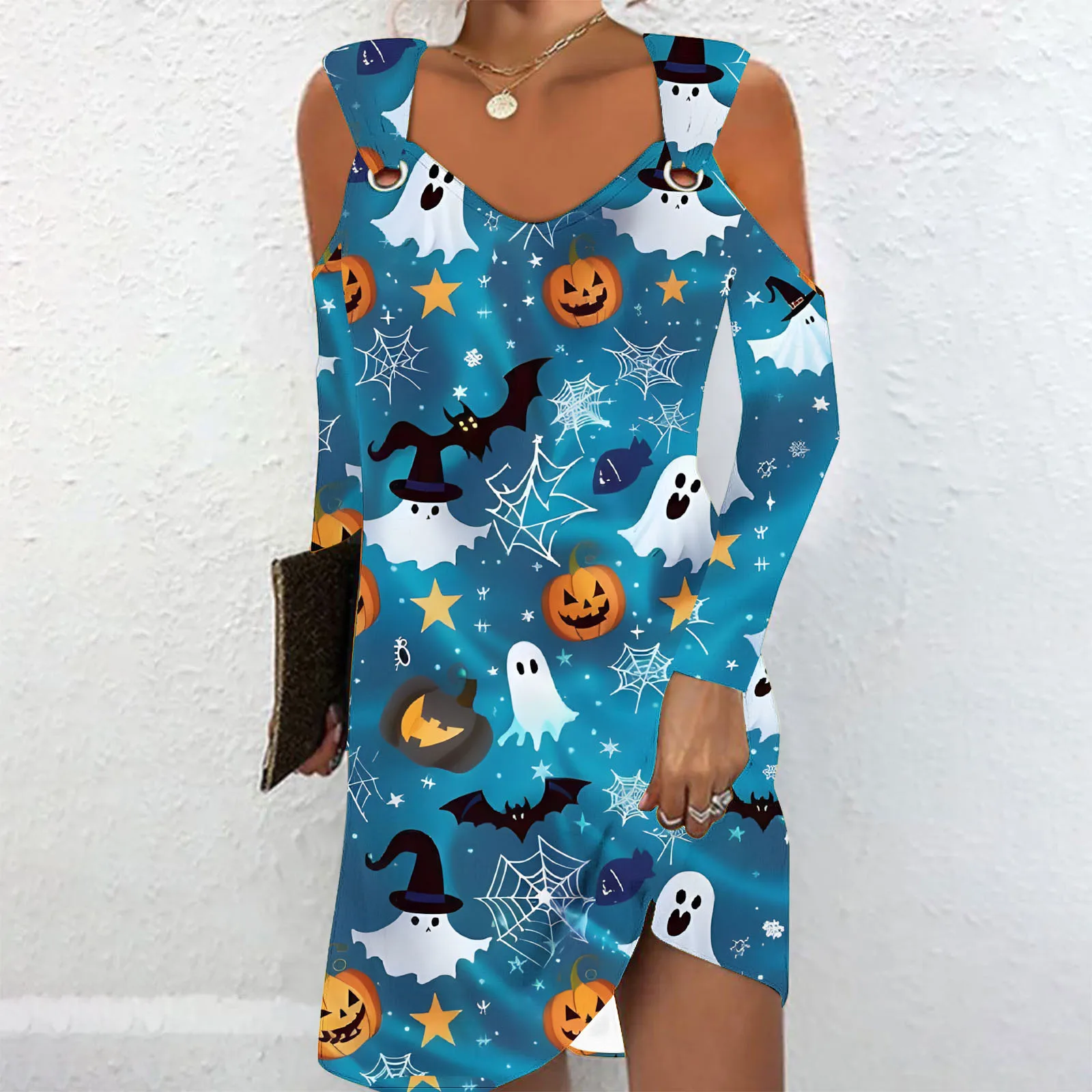 Sexy Off Shoulder Long Sleeve Dress Women 2024 Autumn Halloween Pumpkin Hollow Out Casual Mini Dresses For Women Robe Femme