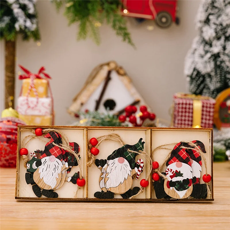الترويج! عيد الميلاد الحلي صندوق خشبي الكرتون الطباعة ثلج جنوم الرجل العجوز عيد الميلاد شجرة خشبية قلادة دائم سهلة Inst #3
