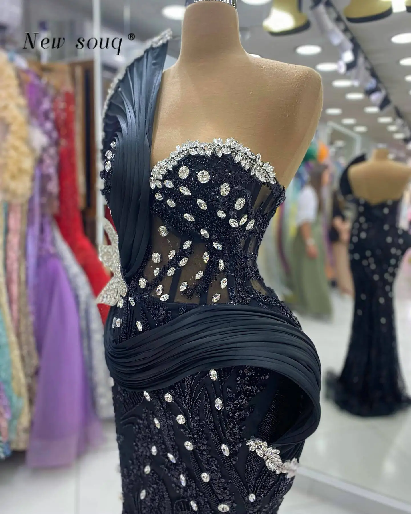 Fashion Black Long Mermaid Evening Dresses Sleeveless Crystals Special Occasions Wedding Reception Party Gowns Custom Made Robes