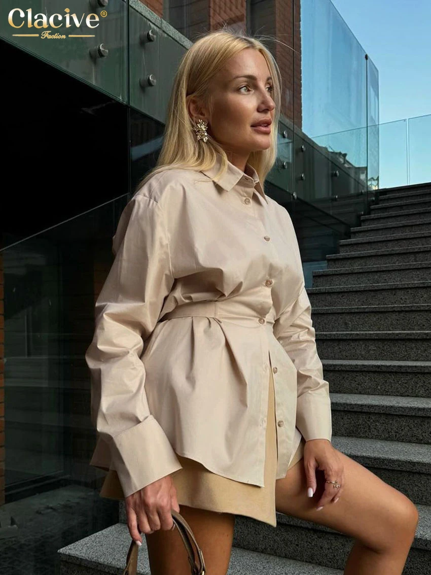 Clacive Fashion Loose Khaki Women\'s Shirt 2025 Elegant Lapel Long Sleeve Shirts Casual Classic Solid Blusas Top Female Clothing