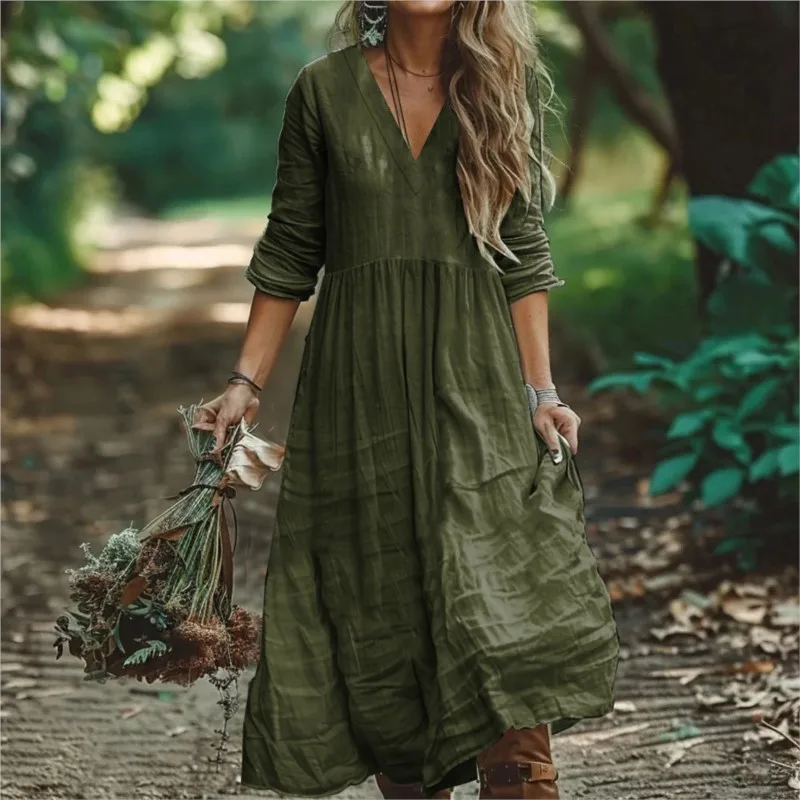 Casual cotton and linen V-neck long sleeved solid color loose dress for spring autumn women fashionable and elegant long skirt