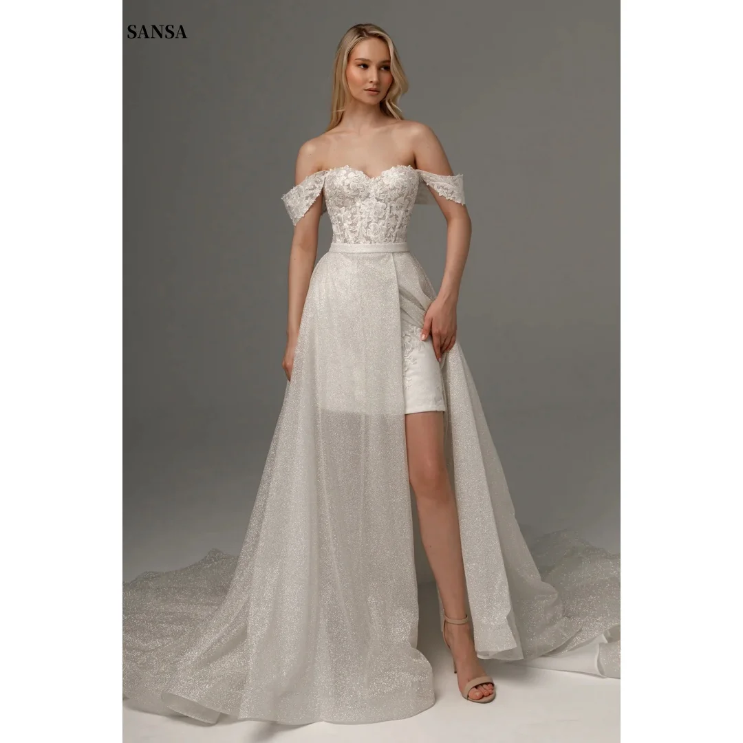 

Sansa Customized White Sequin Flowers Embroidery Prom Dresses Off The Shoulder فساتين للمناسبات الخاصة Skirt vestidos de festa