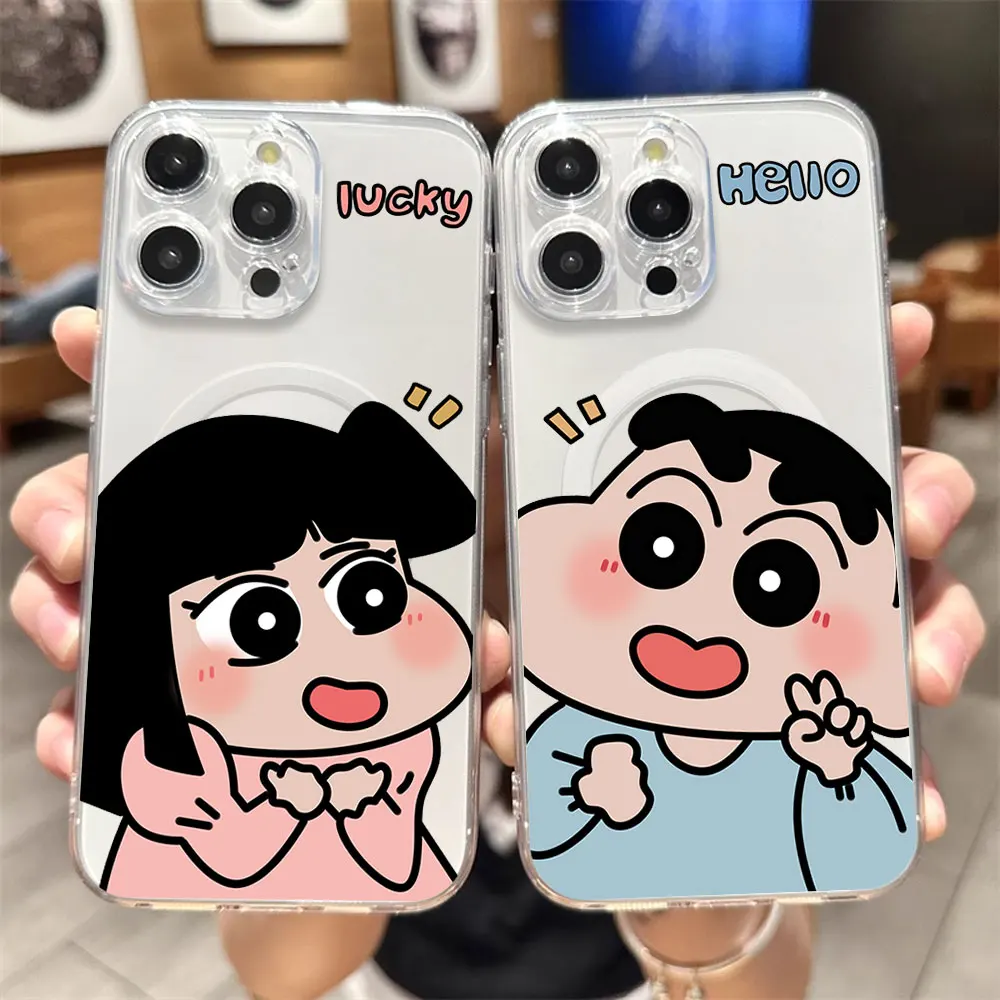 Cute C-Crayon S-Shin C-Chan Phone Case for iPhone 12 11 13 14 15 16 Max Pro Plus Transparent Magsafe Magnetic Wireless Cover