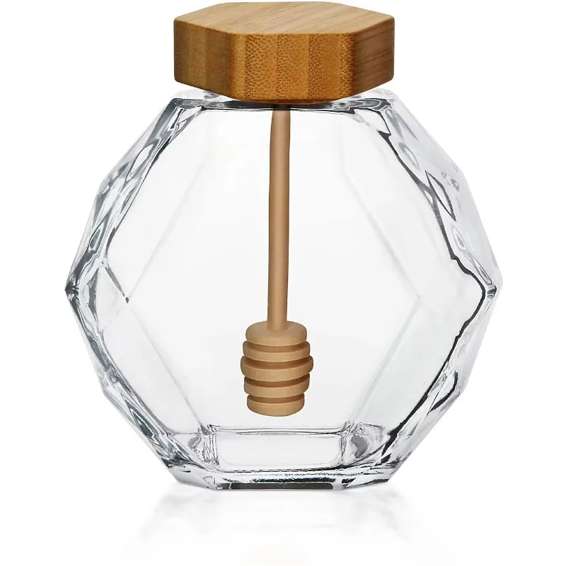 

200Ml 380ml empty clear hexagonal container glass jam honeypot bottle with wooden barrel and bamboo cork