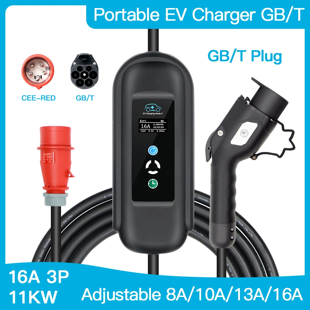 Cargador de coche eléctrico estándar Chino, estación de carga EV, Cable de 5M con enchufe rojo CEE, 11KW, 16A, 3 fases GBT